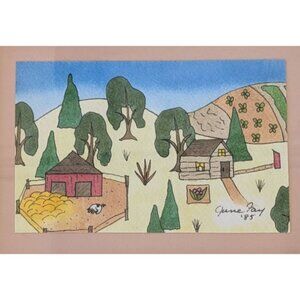 Art Framed Folk Art Watercolor of Farm Scene Signed by June Fay Vintage